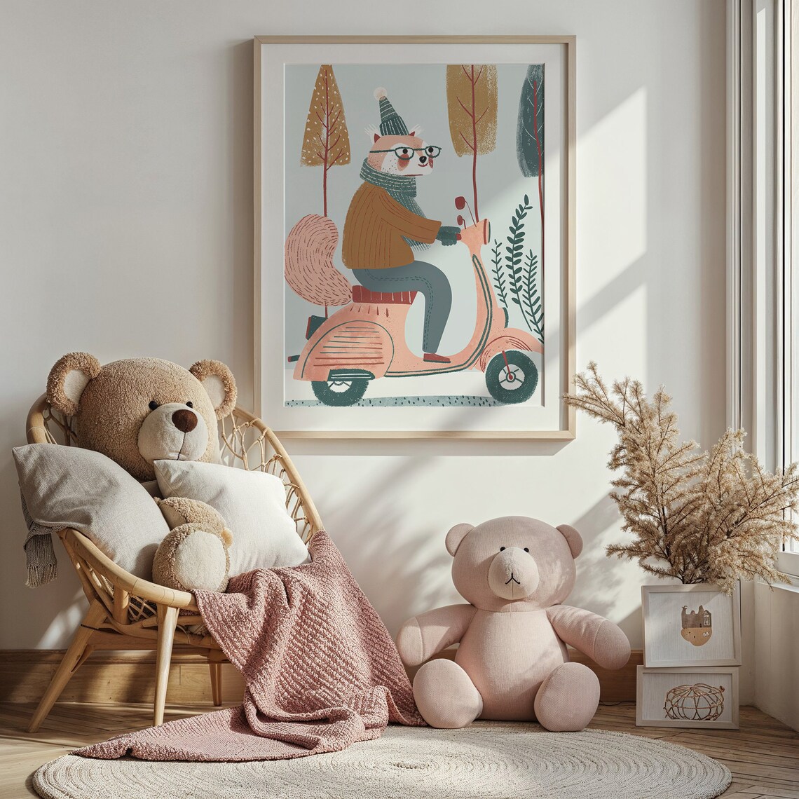 Fox Riding Pink Scooter Nursery Poster Glasses Hat Playful Kids Art - Image 3