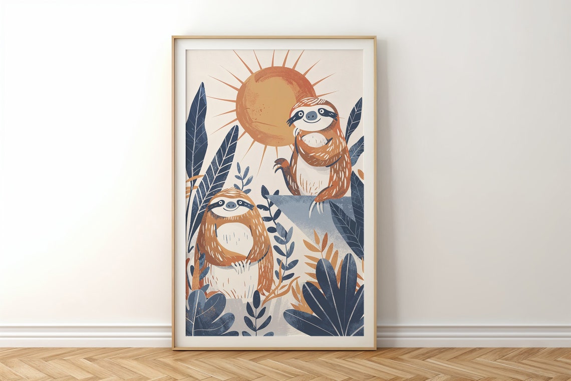 Two Sloths Sun Nursery Poster Jungle Foliage Playful Kids Room Art - Image 3