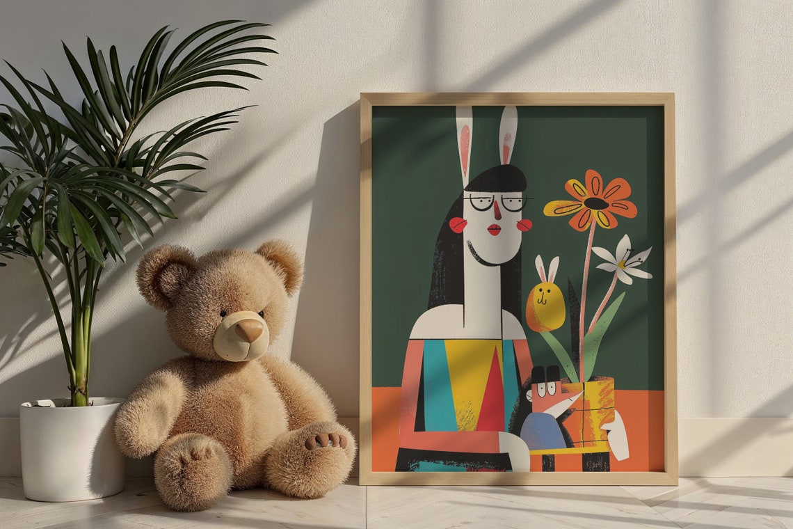 Abstract Bunny Mom With Baby Flowers Bold Modern Kids Poster - Image 6