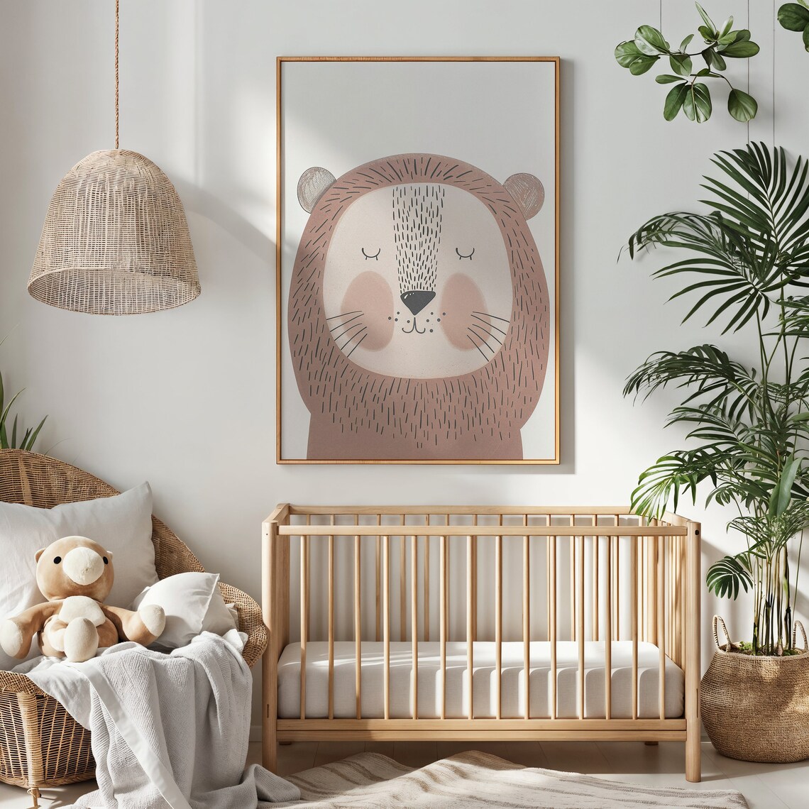 Sleeping Lion Face Nursery Poster Blush Pink Minimalist Baby Wall Art - Image 2