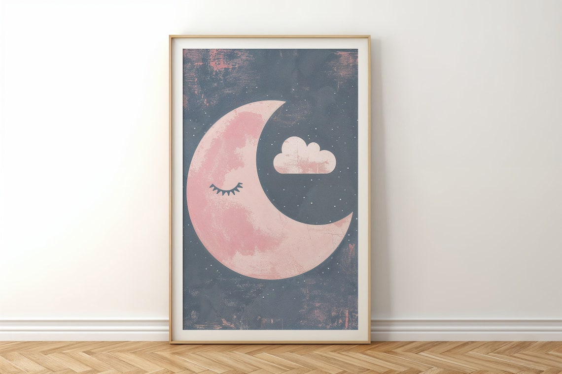 Sleepy Pink Crescent Moon And Cloud On Navy Night Sky Nursery Poster - Image 5