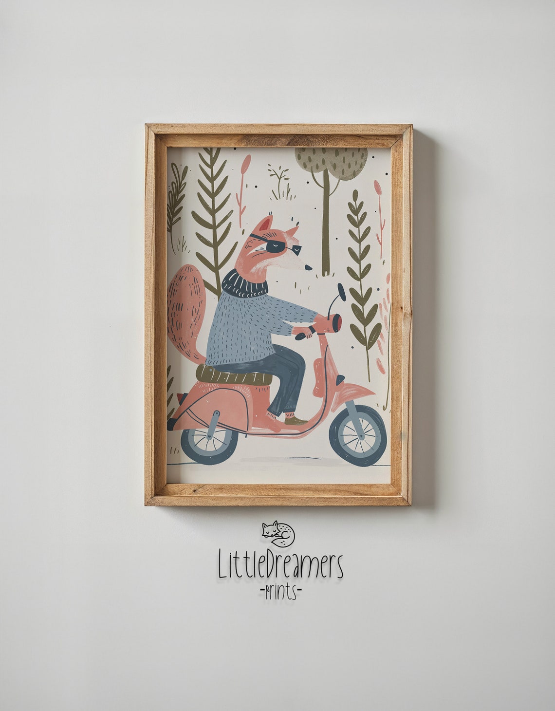 Cool Fox Riding Pink Scooter Nursery Poster Sunglasses Kids Room Art - Image 4