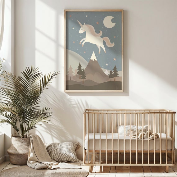 Unicorn Night Sky Nursery Wall Art Kids Bedroom Posters Fantasy Animal Decor Moon And Stars Instant Gift