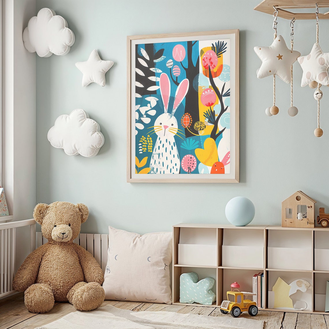 Whimsical Bunny Colorful Eggs Bold Botanical Pop Art Nursery Poster - Image 2