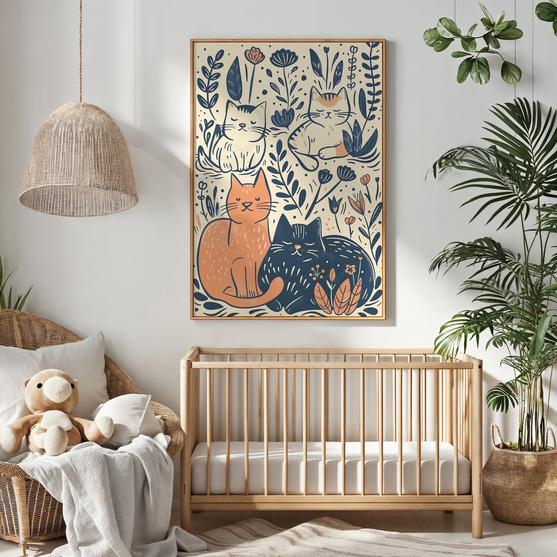 Four Cats Botanical Floral Illustration Whimsical Kids Room Wall Art Poster - Image 3
