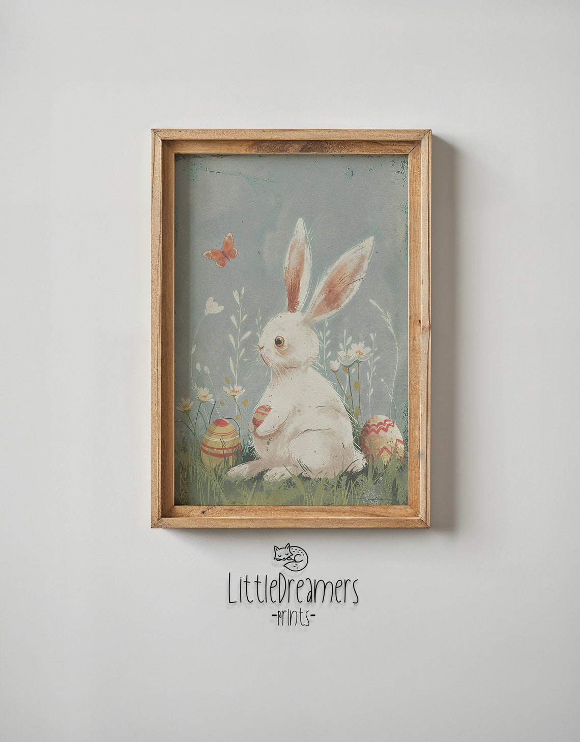 White Bunny Meadow Daisies Patterned Eggs Vintage Spring Poster