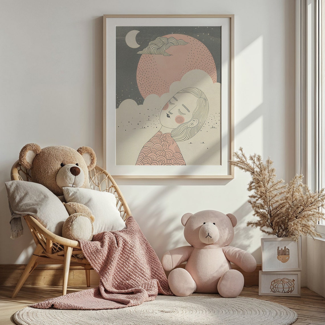 Dreamy Girl Sleeping Under Pink Moon Celestial Night Sky Art Poster - Image 4