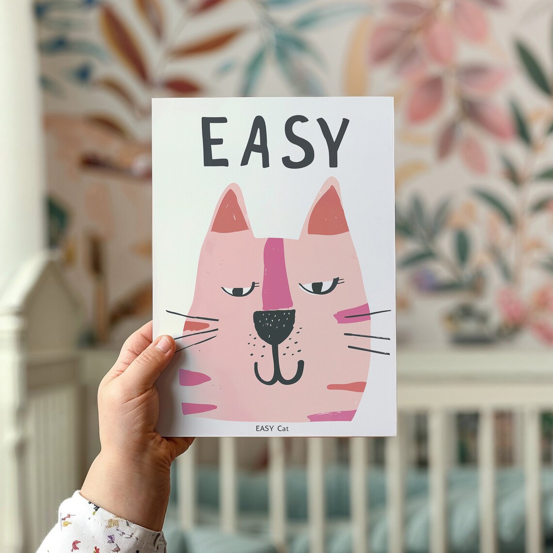 Pink Easy Cat Face Modern Kids Room Animal Illustration Wall Poster - Image 2