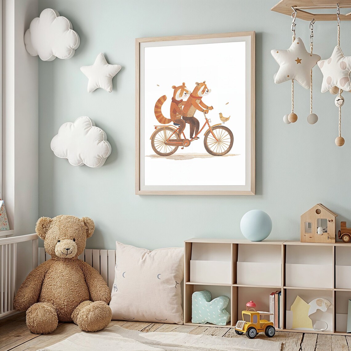 Two Red Pandas Riding Tandem Bike Watercolor Nursery Kids Room Poster - Image 3