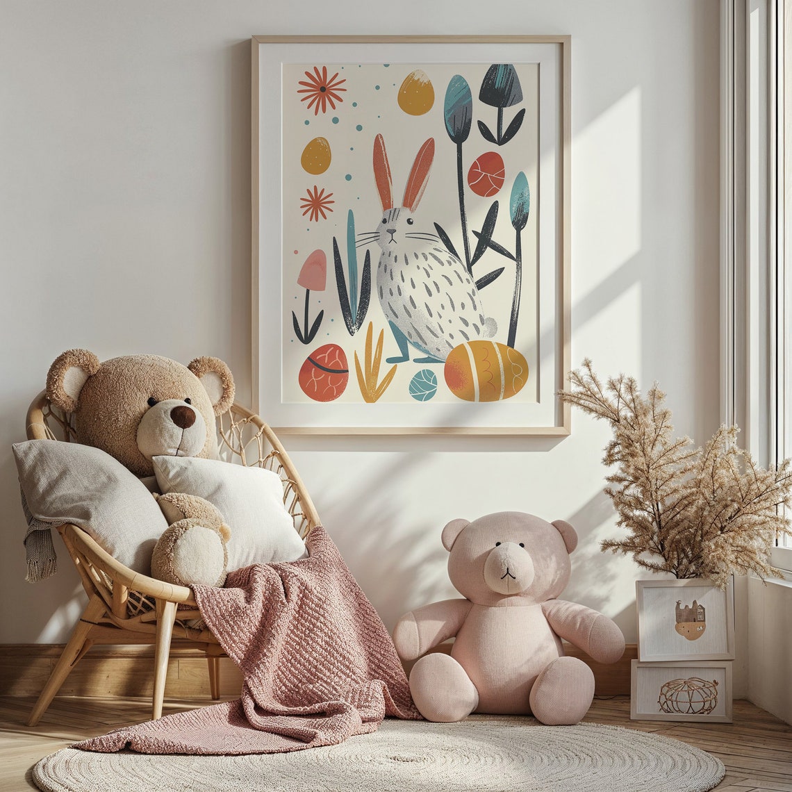 Modern Easter Bunny Decorated Eggs Flat Illustration Kids Room Poster - Image 2