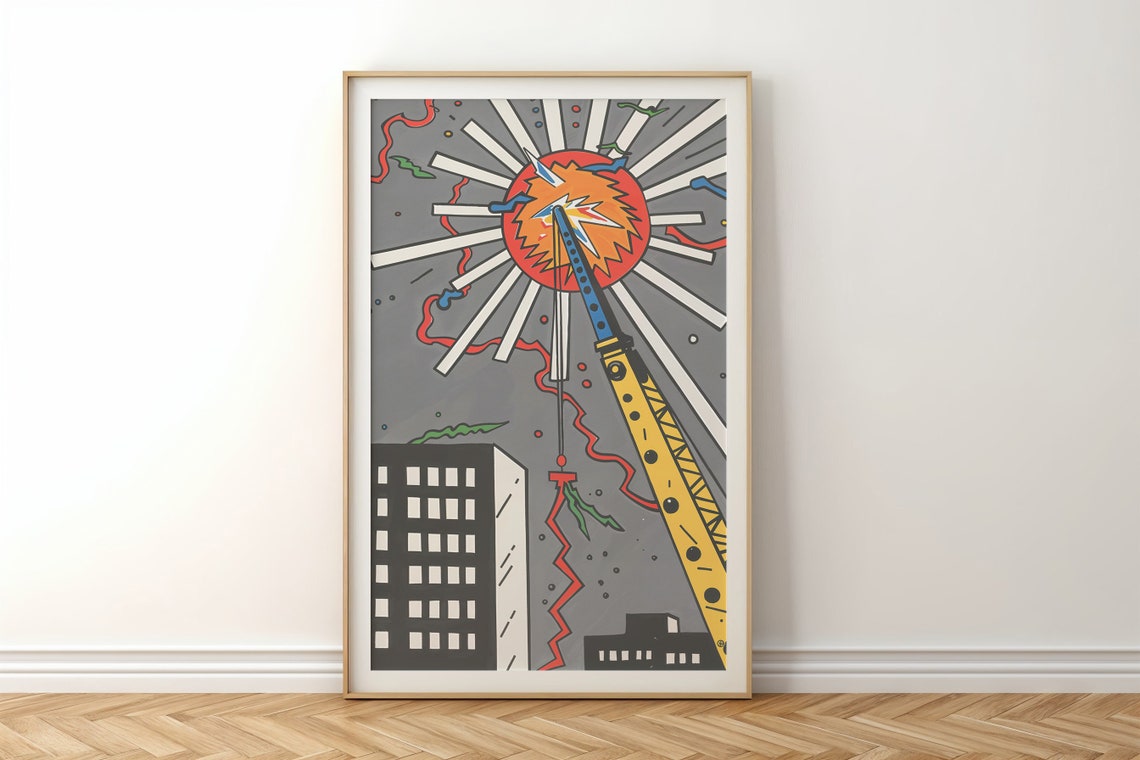 Pop Art Crane Lifting Sun City Building Bold Comic Wall Poster - Image 6