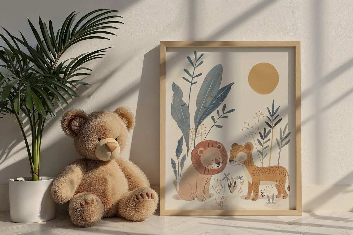 Lion And Cheetah Safari Nursery Poster Sun Leaves Kids Room Art - Image 5