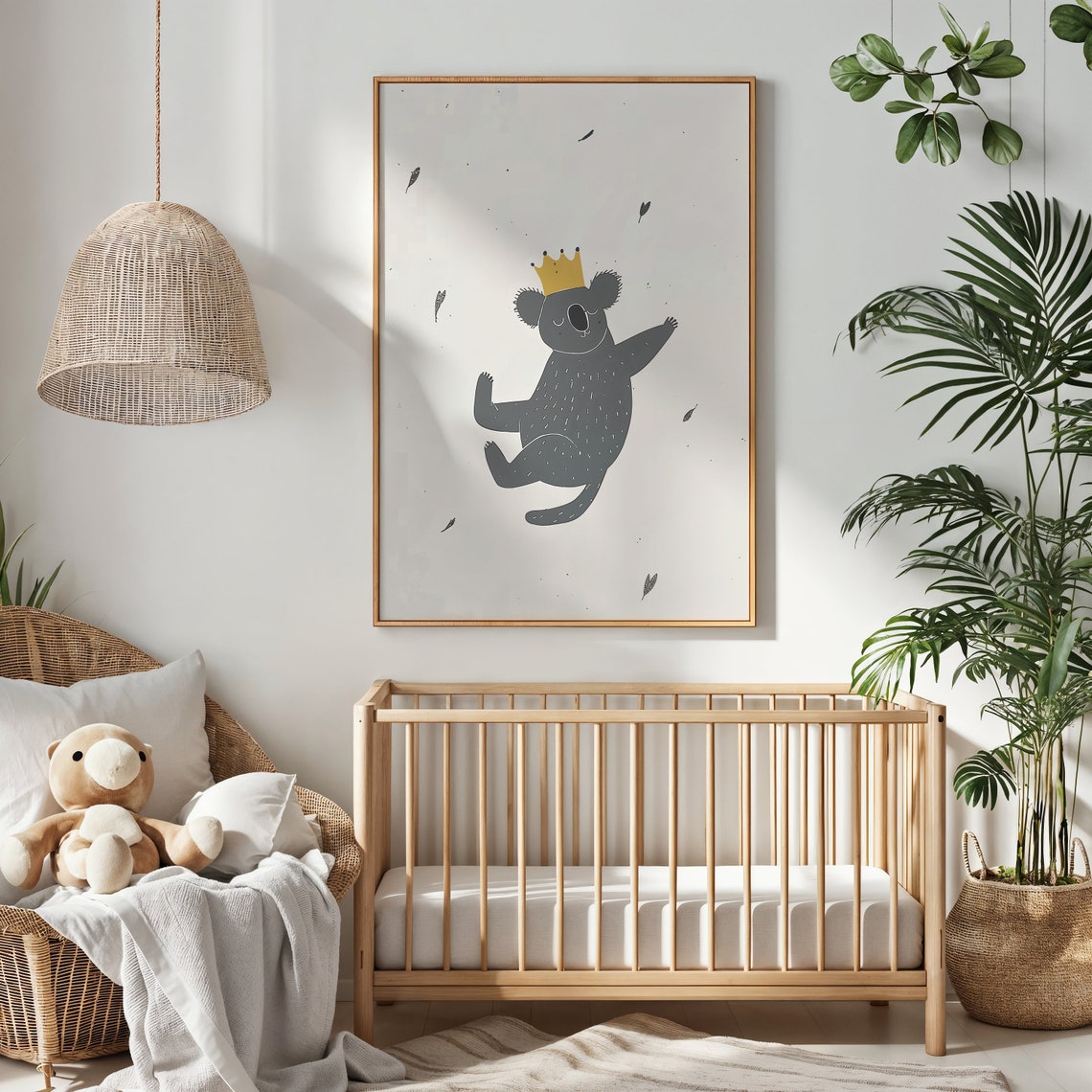 Happy Crowned Gray Koala Waving Gold Crown Minimalist Nursery Poster - Image 2