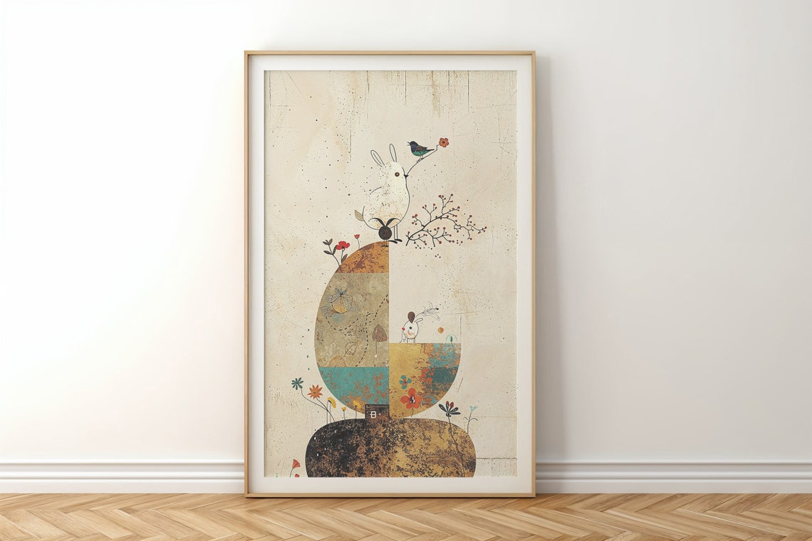 Abstract Bunny And Bird Minimalist Neutral Modern Nursery Wall Art