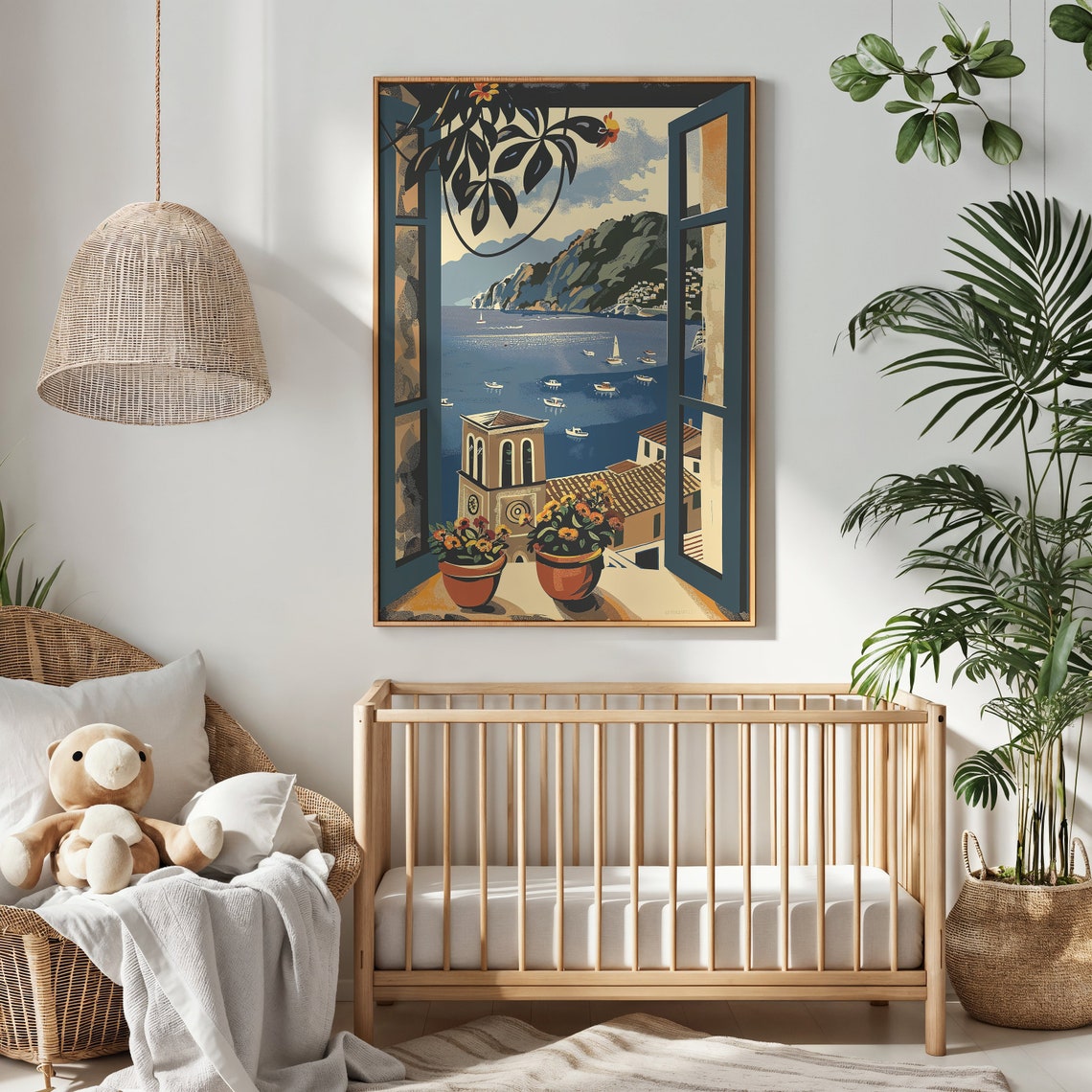 Mediterranean Harbor Bell Tower Window View Coastal Town Travel Poster - Image 2