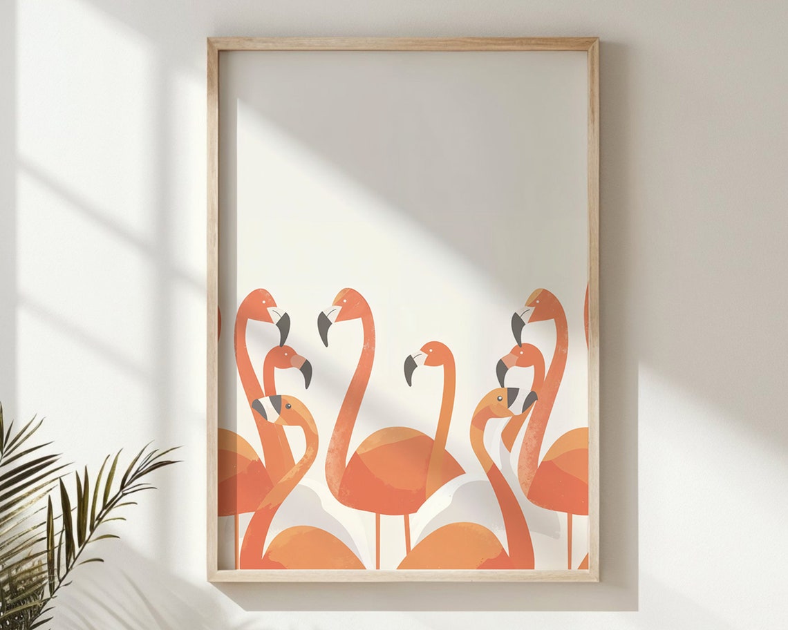 Orange Flamingos Row Airy White Space Landscape Nursery Bird Poster - Image 6