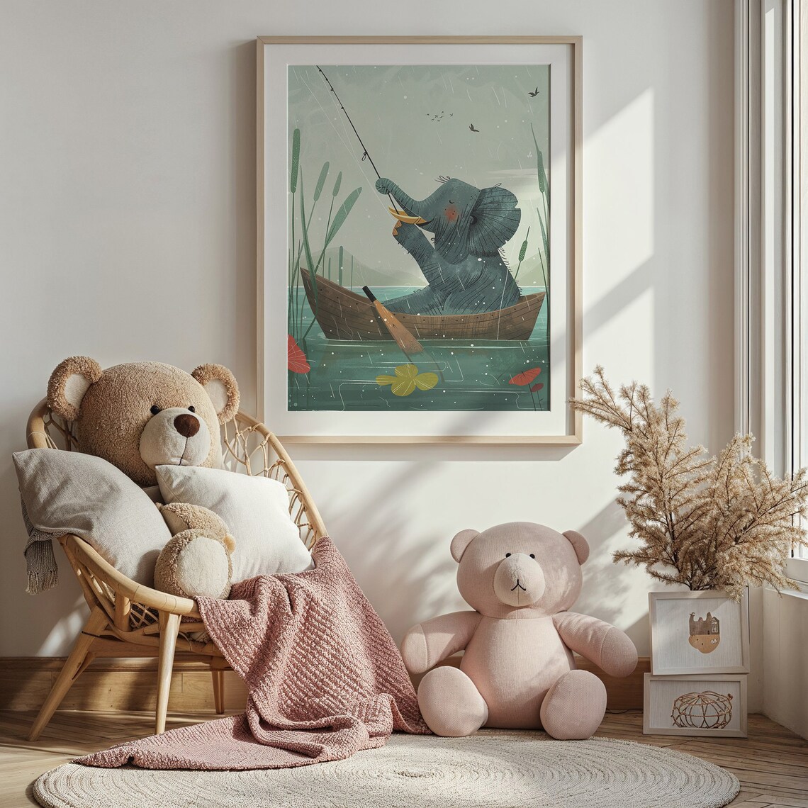 Elephant Fishing From Boat In Rain Whimsical Kids Nursery Wall Art Poster - Image 5