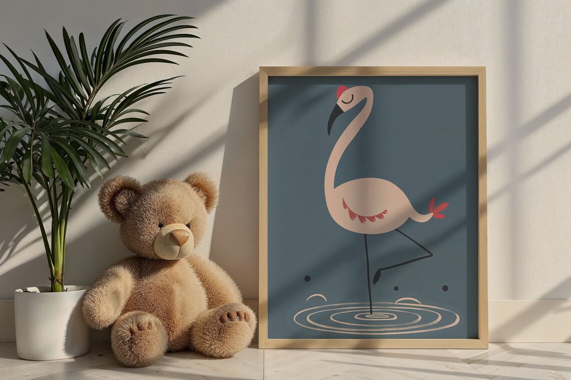 Pink Flamingo One Leg Water Ripples Dark Teal Kids Nursery Art Poster - Image 6
