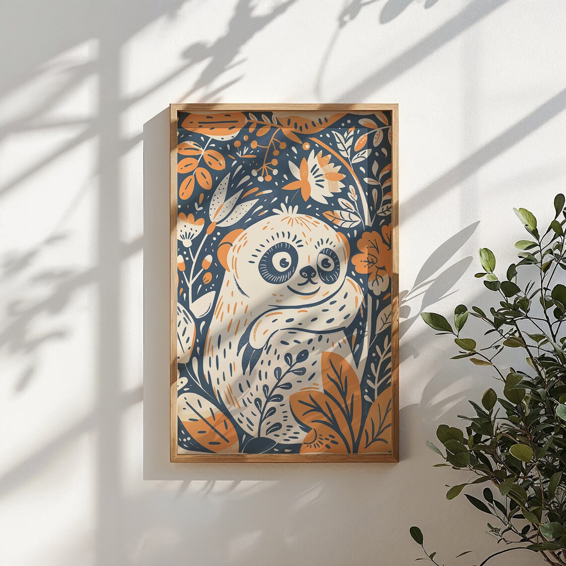 Cute Sloth Botanical Floral Illustration Orange Navy Kids Wall Art Poster - Image 5