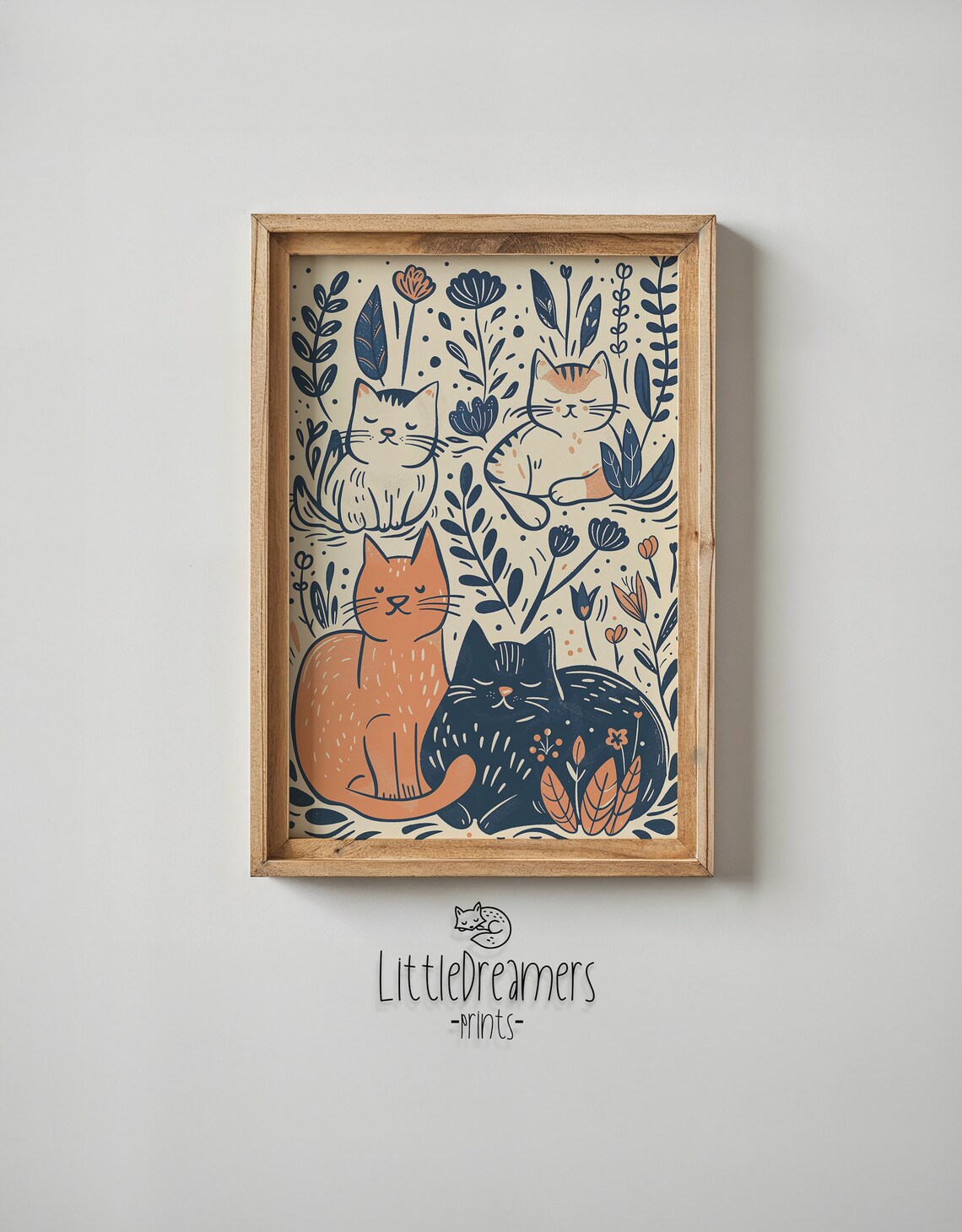 Four Cats Botanical Floral Illustration Whimsical Kids Room Wall Art Poster - Image 6