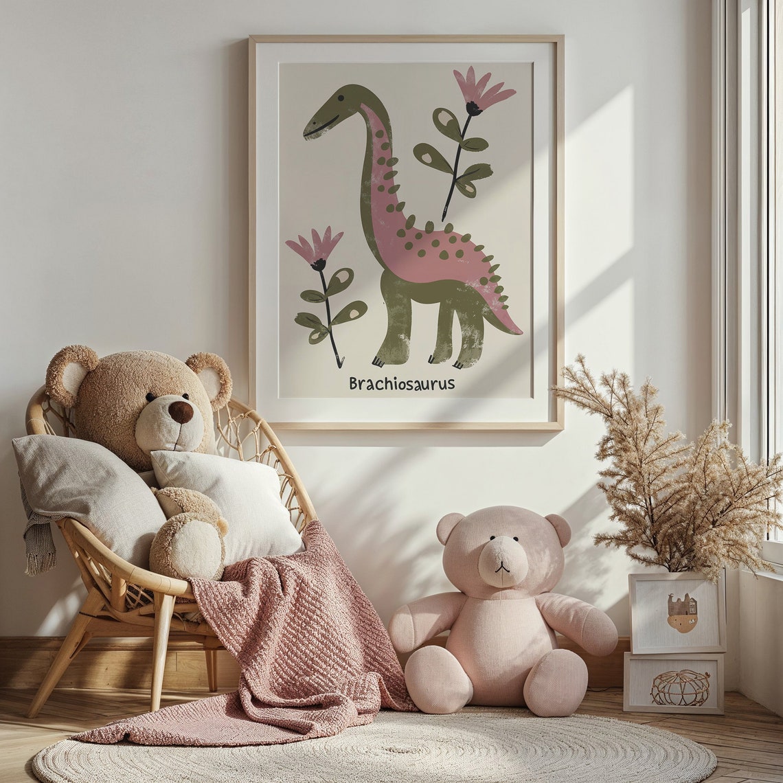 Brachiosaurus Dinosaur Pink Spots Flowers Kids Room Wall Art Poster - Image 3