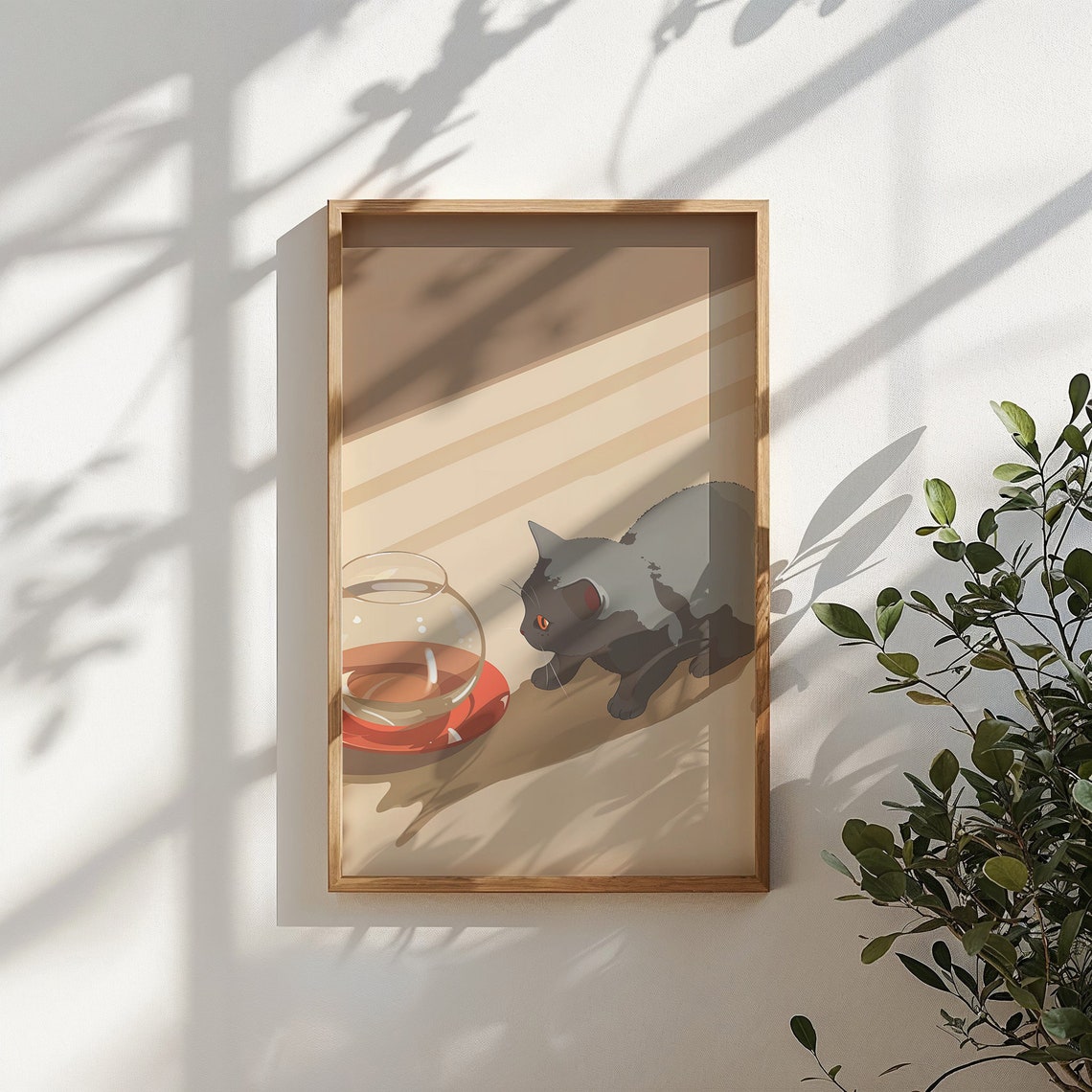 Grey Cat Watching Fishbowl Curious Kitty Retro Beige Nursery Poster - Image 5