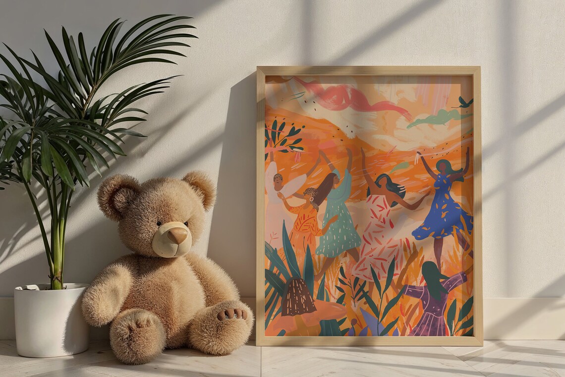 Joyful Women Dancing Garden Warm Tones Kids Room Wall Art Poster - Image 5