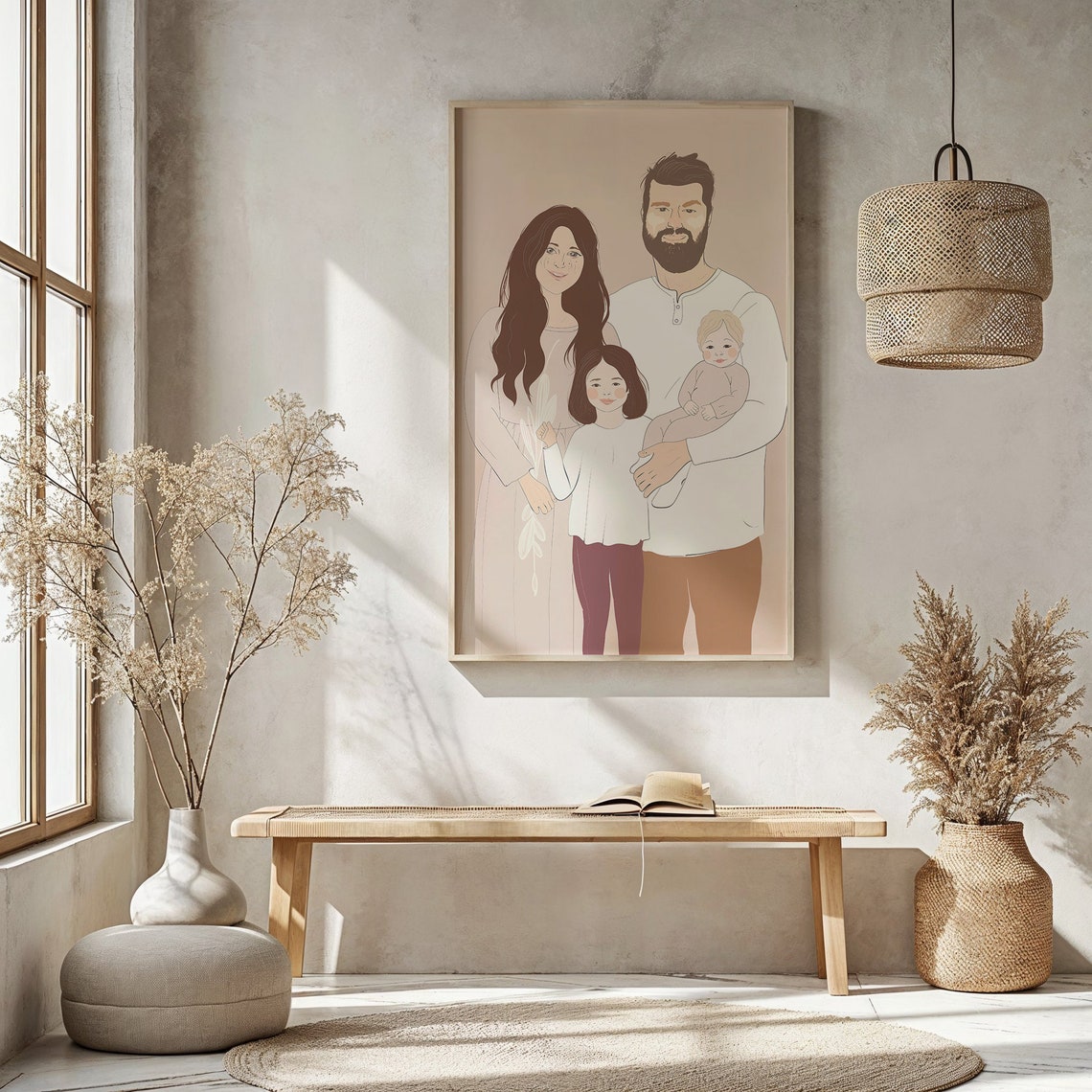Family Of Four Line Art Portrait Mom Dad Baby Daughter Beige Wall Art