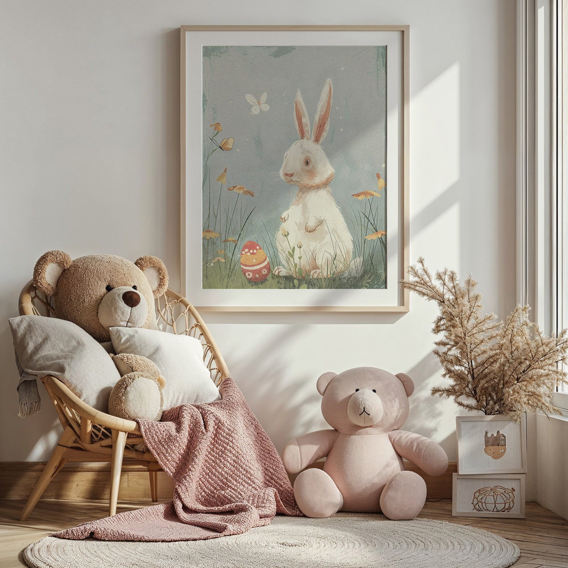 White Bunny Grassy Meadow Butterfly Vintage Easter Nursery Poster - Image 3