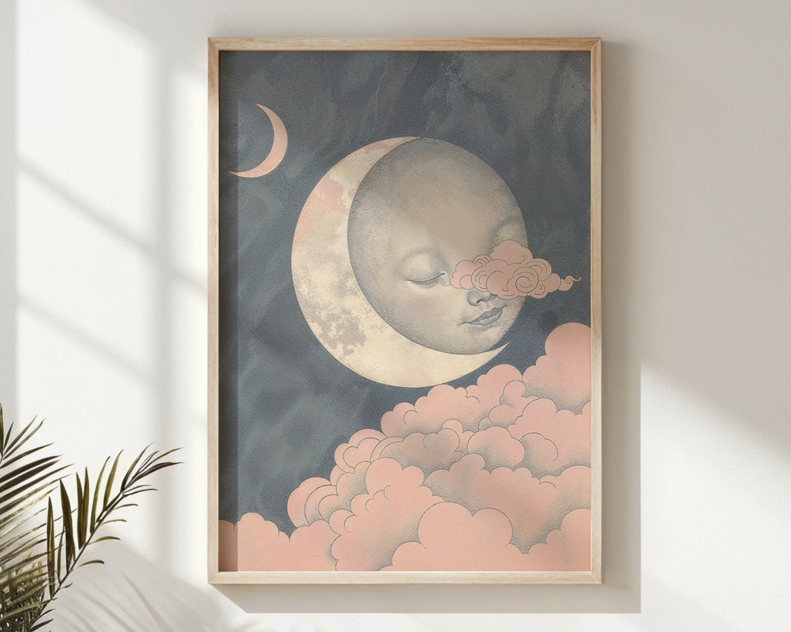 Dreamy Moon Face Resting On Crescent With Pink Clouds Night Sky Poster