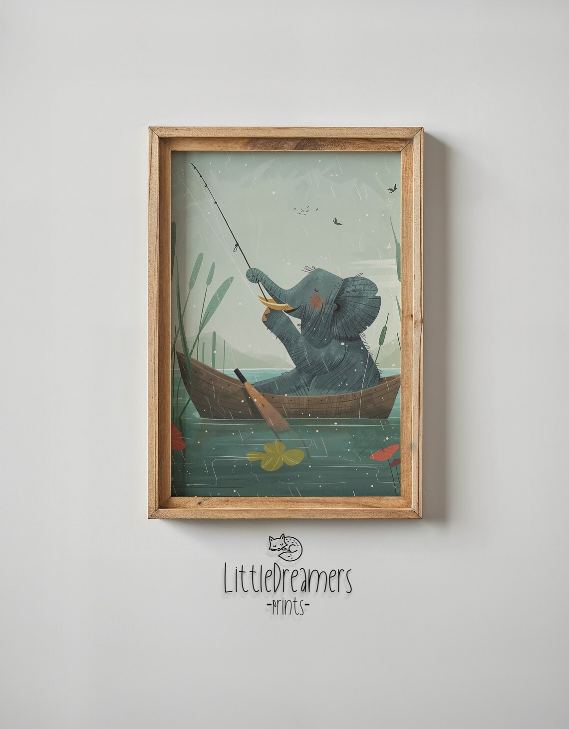 Elephant Fishing From Boat In Rain Whimsical Kids Nursery Wall Art Poster - Image 6