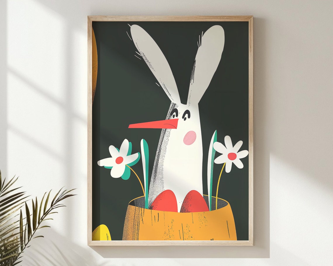 Playful Bunny Peeking Easter Basket Flowers Bold Cartoon Poster