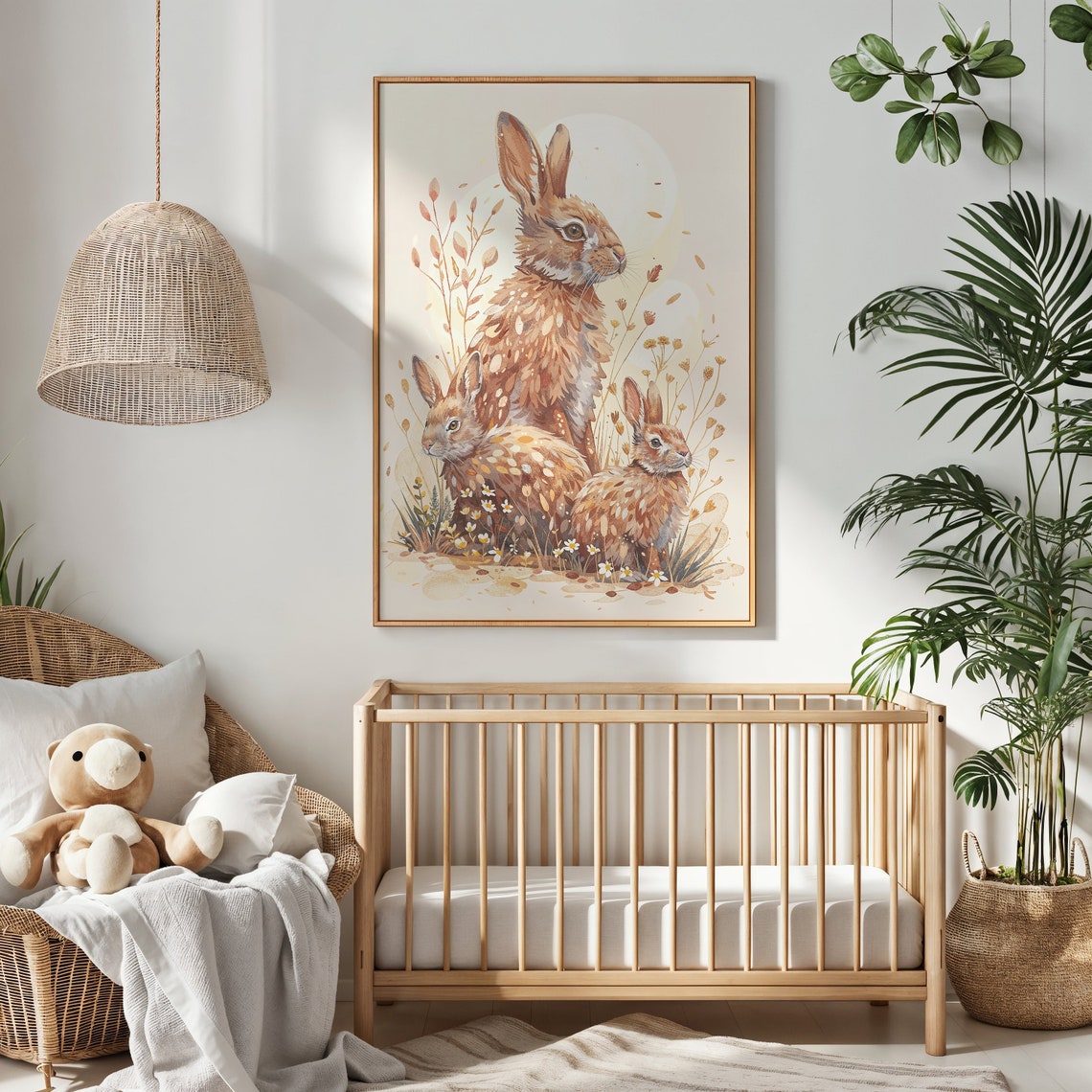 Bunny Family Watercolor Three Rabbits With Daisies Nursery Art Print - Image 2