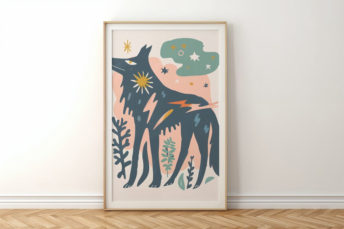 Midnight Wolf Stars Sun Medallion Folk Art Animal Wall Poster - Image 6