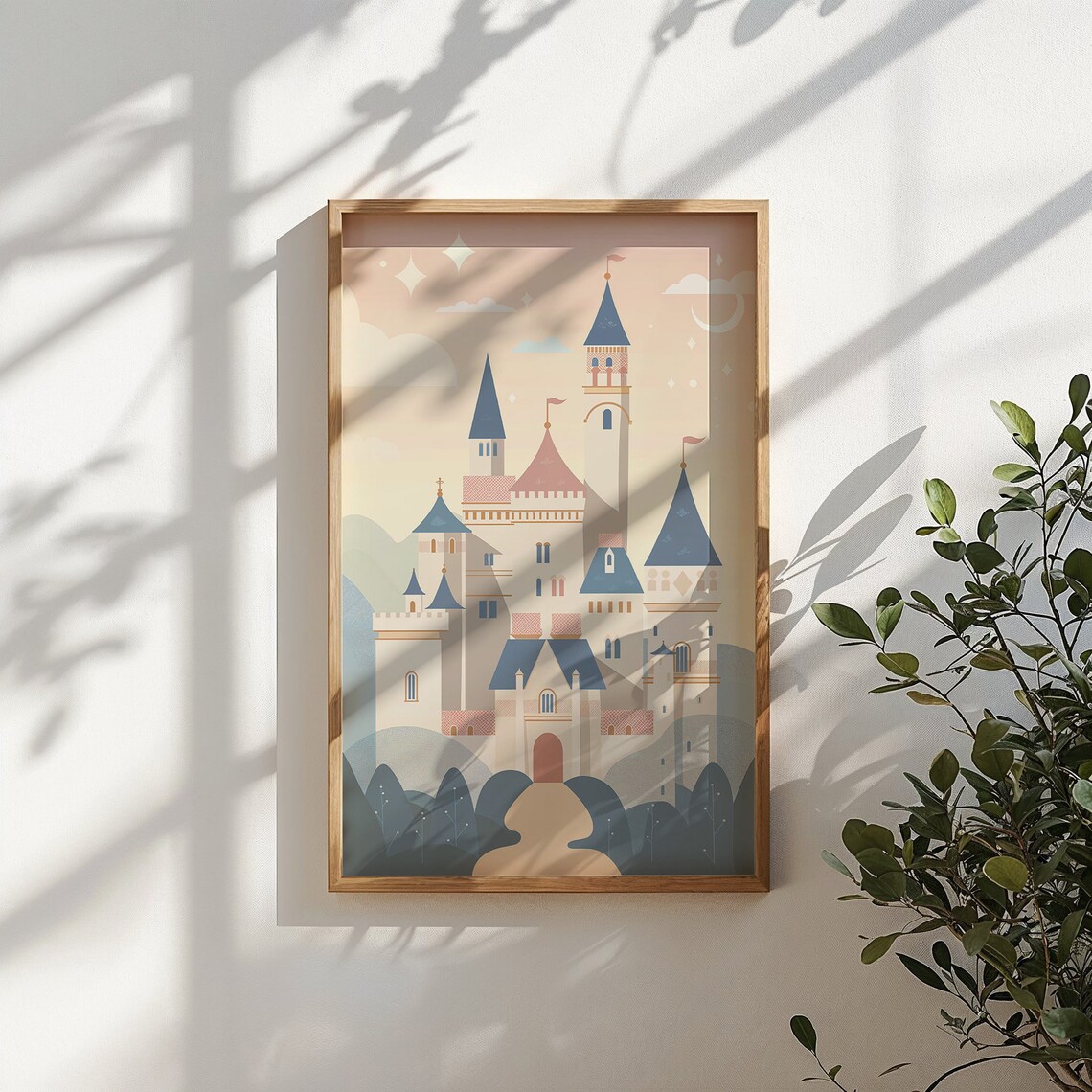 Pastel Fairytale Castle Blue Pink Turrets Crescent Moon Nursery Poster - Image 4
