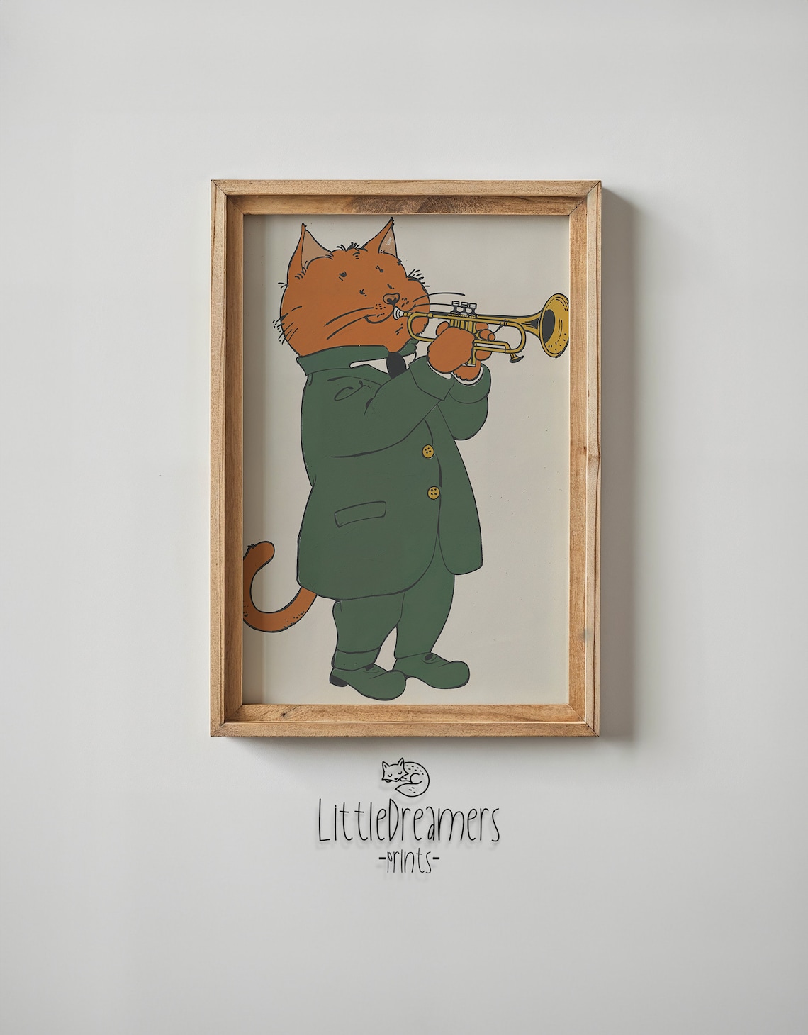 Cat Playing Gold Trumpet Green Suit Kids Music Room Wall Poster