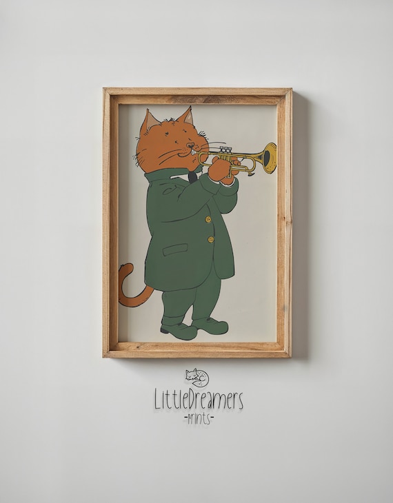 Cat Playing Gold Trumpet Green Suit Kids Music Room Wall Poster