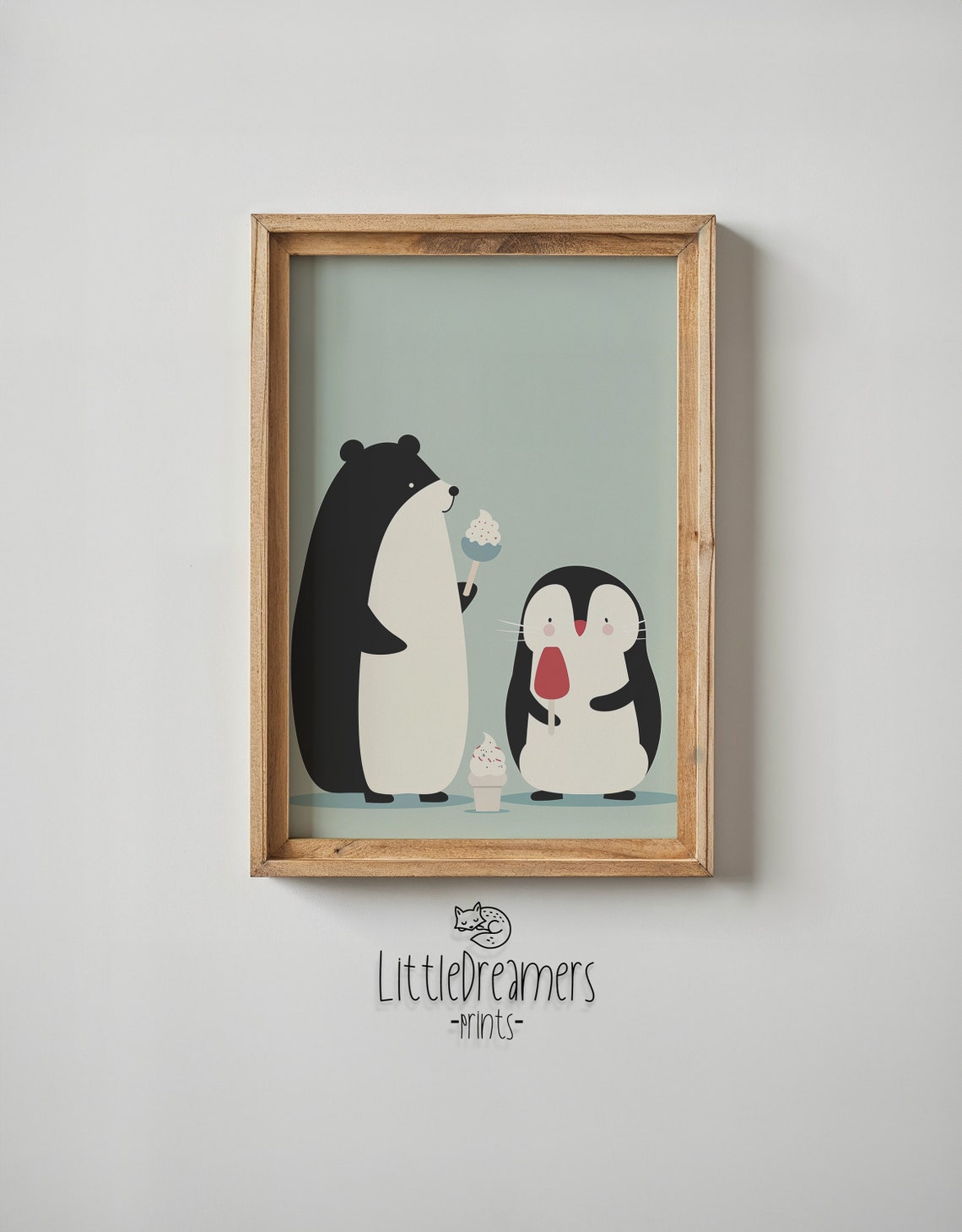 Black Bear Penguin Ice Cream Treats Mint Background Kids Art Poster - Image 6