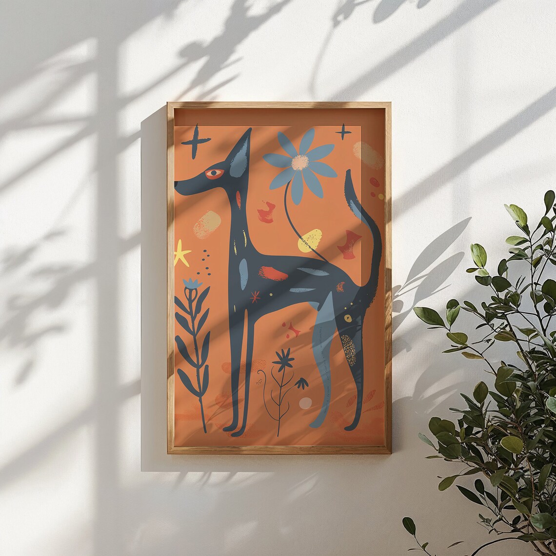 Sleek Black Dog Orange Sunset Stars Folk Art Animal Wall Poster - Image 5