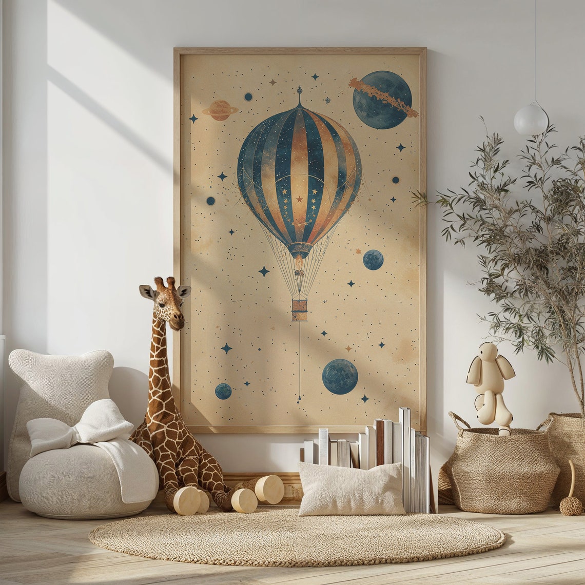 Vintage Starry Hot Air Balloon Planets Cosmic Nursery Poster - Image 3
