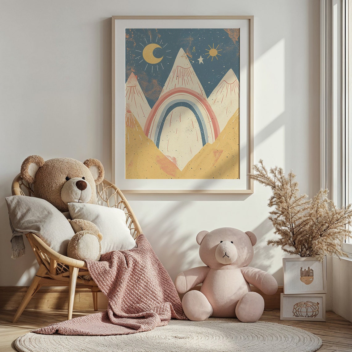 Retro Mountain Night Sky Rainbow Crescent Moon Boho Nursery Art Poster - Image 3