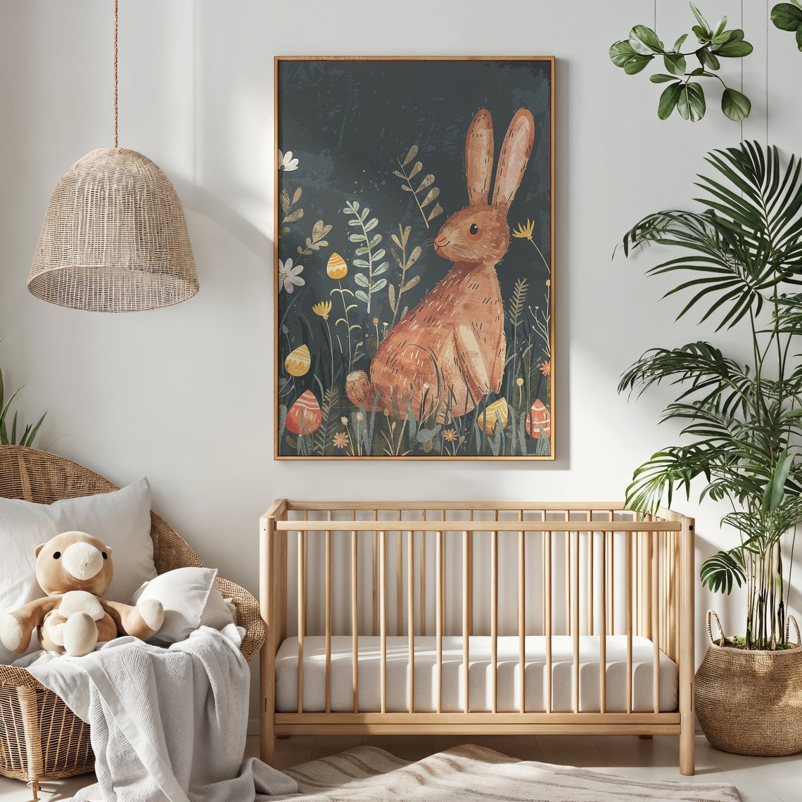 Brown Bunny Dark Meadow Wildflowers Patterned Eggs Nursery Poster - Image 2