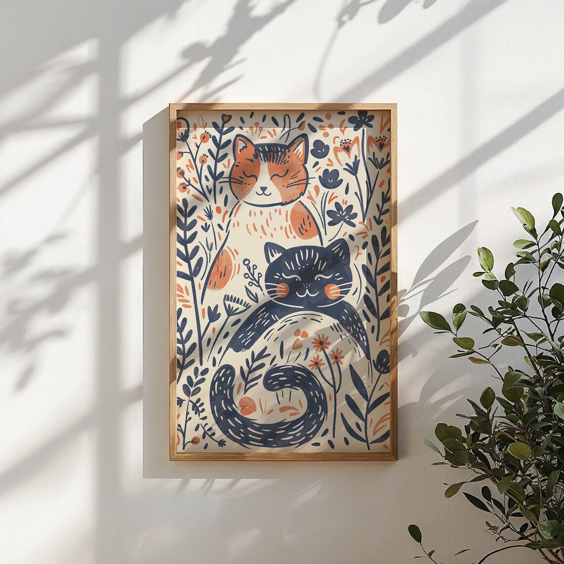 Floral Cats Illustration Orange And Navy Whimsical Kids Room Wall Art Poster - Image 4