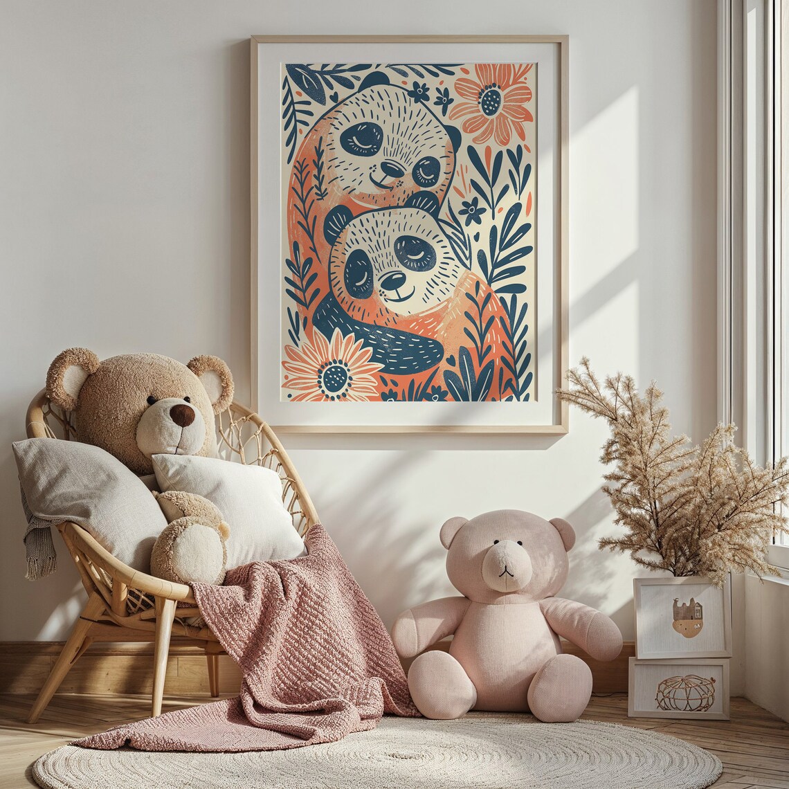 Two Pandas Floral Botanical Illustration Orange Navy Kids Wall Art Poster - Image 3