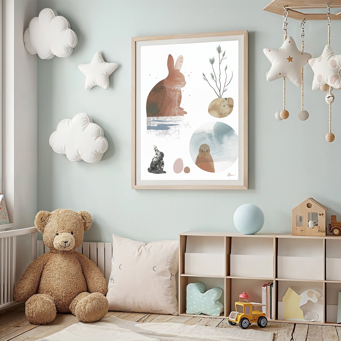 Abstract Bunny And Owl Watercolor Neutral Minimalist Kids Art Print - Image 2
