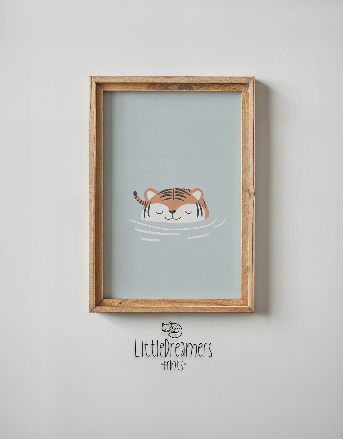 Sleepy Tiger Cub Bath Time Calm Blue Minimalist Nursery Wall Poster - Image 6