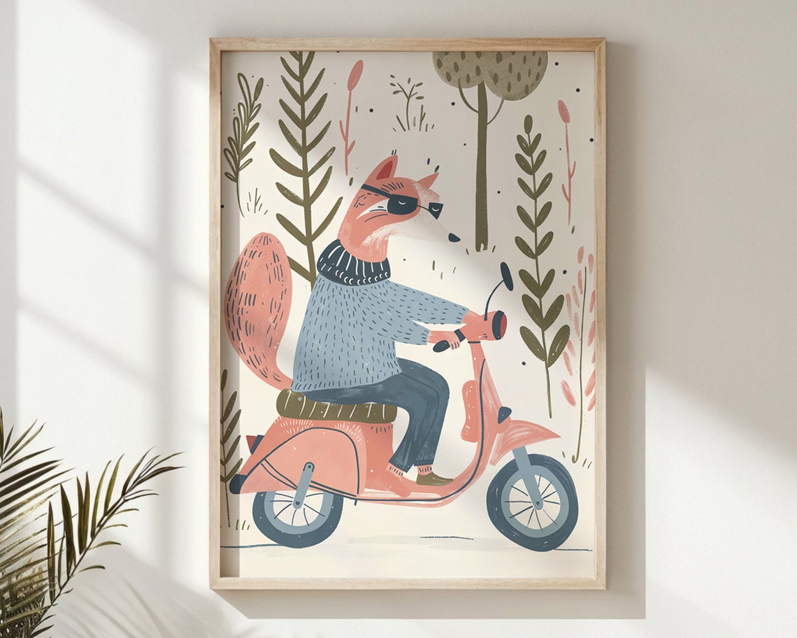 Cool Fox Riding Pink Scooter Nursery Poster Sunglasses Kids Room Art - Image 6
