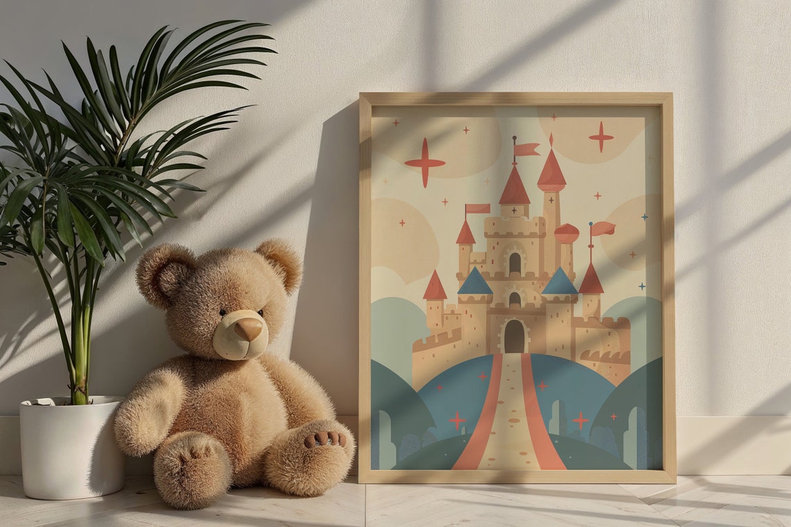 Fairytale Castle Red Blue Spires Coral Road Muted Retro Kids Poster - Image 6