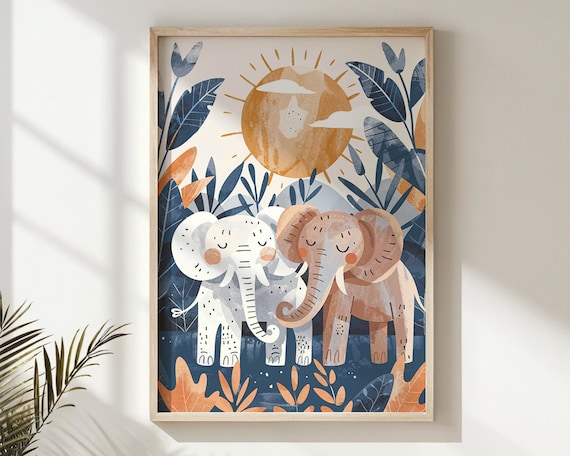 Two Elephants Sun Nursery Poster Jungle Foliage Safari Kids Room Art