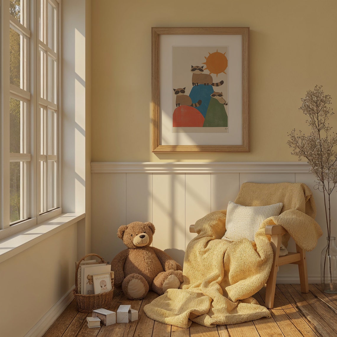 Three Raccoons On Colorful Hills Under Big Orange Sun Kids Poster - Image 3